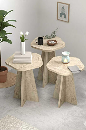 Reyo Falez Zigon Sehpa Dekoratif 3'lü Çok Amaçlı Yan Sehpa Çiçek Formlu Traverten