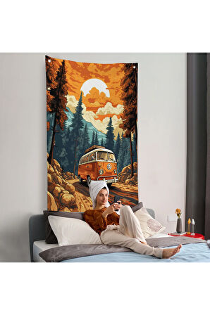 Retro Volkswagen Minibüs Ve Manzara Duvar Örtüsü-7811
