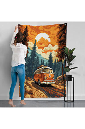 Retro Volkswagen Minibüs Ve Manzara Duvar Örtüsü-7811