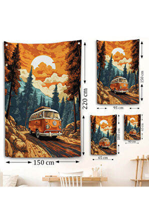 Retro Volkswagen Minibüs Ve Manzara Duvar Örtüsü-7811