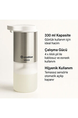 Hs500 Sensörlü Sıvı Sabunluk – 330 Ml, Köpük Ve Sıvı Sabun Uyumlu, Paslanmaz,