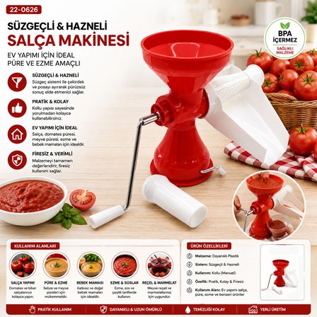 Plastik Süzgeçli Hazneli Salça Makinesi Metal Kollu BRKT-312007