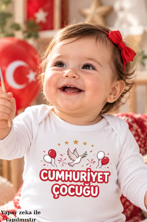 %100 Pamuk Bebek Zıbın Body Uzun Kollu Cumhuriyet Çocuğu Baskılı Bayraklı