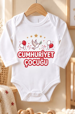 %100 Pamuk Bebek Zıbın Body Uzun Kollu Cumhuriyet Çocuğu Baskılı Bayraklı