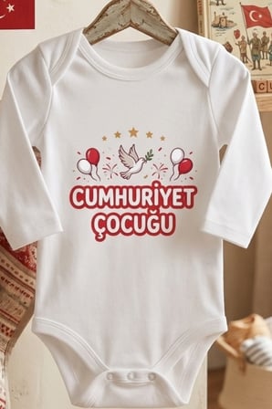 %100 Pamuk Bebek Zıbın Body Uzun Kollu Cumhuriyet Çocuğu Baskılı Bayraklı