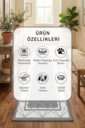 Aren Gri Yıkanabilir Yolluk Halı Kaymaz Taban Salon Mutfak Gri
