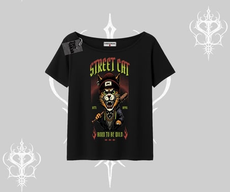 Street Cat Kedi Baskılı Kayık Yaka Tshirt
