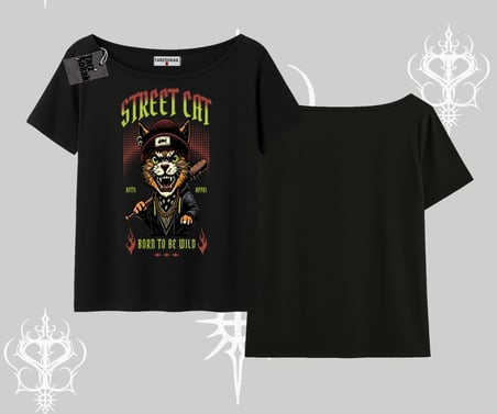 Street Cat Kedi Baskılı Kayık Yaka Tshirt