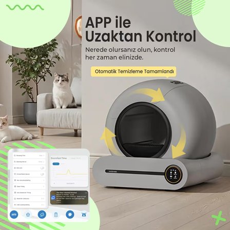 Haustier Gri Akıllı Otomatik Kedi Tuvaleti, App Kontrol, 65lt Hazne, 9lt Atık haznesi, İyonizer Kötü Koku Giderici, Ağırlık Sensörlü