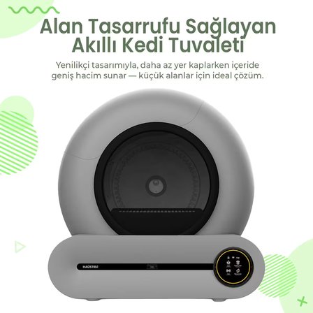 Haustier Gri Akıllı Otomatik Kedi Tuvaleti, App Kontrol, 65lt Hazne, 9lt Atık haznesi, İyonizer Kötü Koku Giderici, Ağırlık Sensörlü