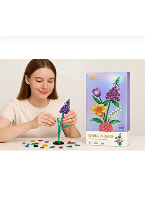 Dekoratif Çiçek Buketi Yapım Seti Legosu 608 Parça Mor Lavanta-Lale-Sümbül Çiçek Yapım Seti Lego