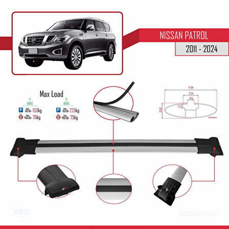 Nissan Patrol 6 (Y62) 2011-2024 Arası ile Uyumlu FLY Model Ara Atkı Tavan Barı Gri 2 Adet