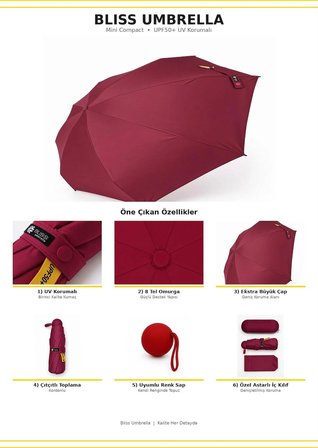 8 Telli Kapsül Şemsiye Güneş Şemsiyesi UV Korumalı Bordo
