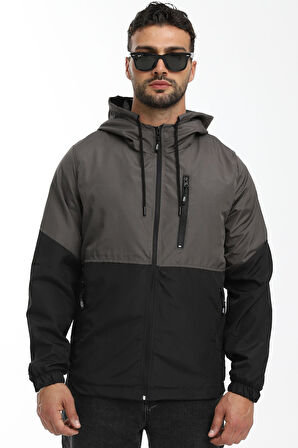 Erkek Antrasit- Siyah Iki Renk Astarlı Kapüşonlu Cepli Yağmurluk-rüzgarlık | S