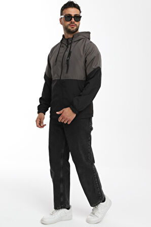 Erkek Antrasit- Siyah Iki Renk Astarlı Kapüşonlu Cepli Yağmurluk-rüzgarlık | M