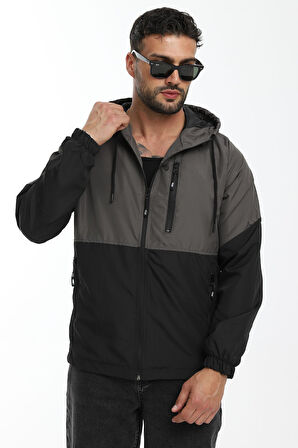 Erkek Antrasit- Siyah Iki Renk Astarlı Kapüşonlu Cepli Yağmurluk-rüzgarlık | XL