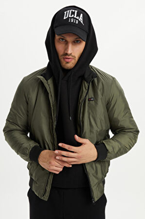 Erkek Haki Dik Yaka Su Ve Rüzgar Geçirmez İçi Kapitone Elyaflı Mont M-9