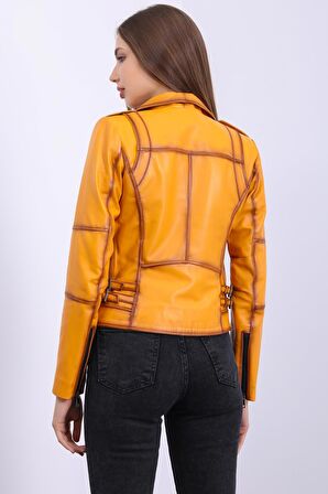 Kadın Hakiki Deri Biker Vintage Mont