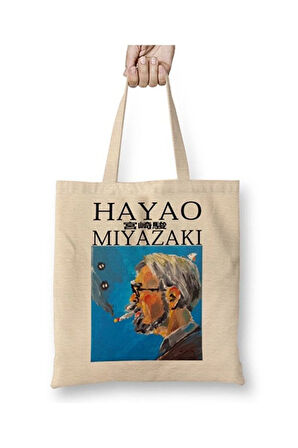 Hayao Miyazaki Thinking Face Bez Çanta Uzun Saplı Alışveriş Çantası Plaj Çantası