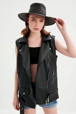 Siyah Astarlı Deri Biker Oversize Kemerli Yelek