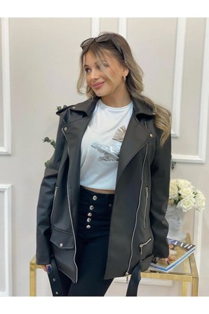Siyah Astarlı Deri Biker Oversize Kemerli Yelek