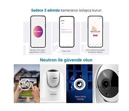 Neutron 360 Derece Dönebilen 3MP Kızılötesi Gece Görüşlü Ip Wifi HD Ev Güvenlik Kamerası