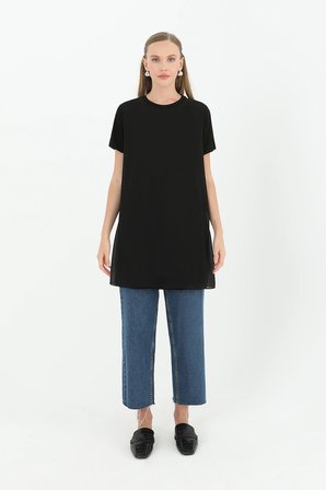 Siyah Kadın Basic Uzun T - Shirt