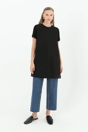 Siyah Kadın Basic Uzun T - Shirt