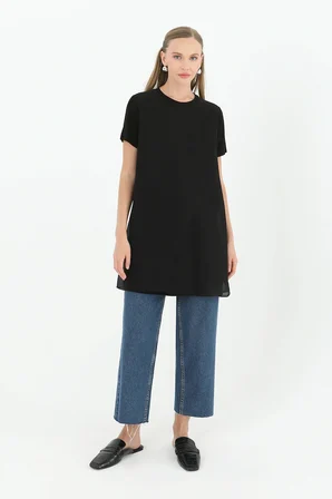 Siyah Kadın Basic Uzun T - Shirt 