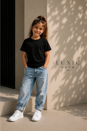 Luxic Core Erkek Çocuk Tişört Siyah Pamuk Oversize Bisiklet Yaka 11-12 Yaş