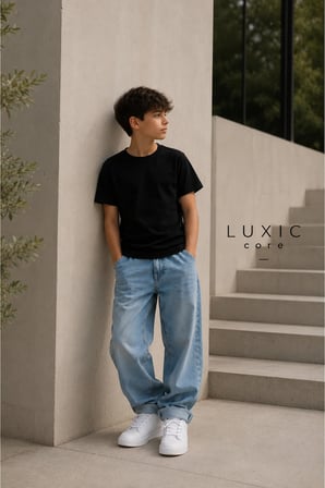 Luxic Core Erkek Çocuk Tişört Siyah Pamuk Oversize Bisiklet Yaka 11-12 Yaş