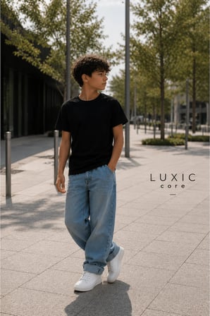 Luxic Core Erkek Çocuk Tişört Siyah Pamuk Oversize Bisiklet Yaka 11-12 Yaş