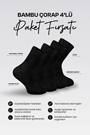 Nova Socks Erkek 4'lü Bambu Lastiksiz Sıkmayan Diyabetik Bilek Çorap/SİYAH