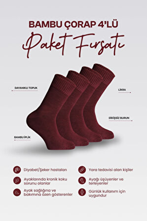 Nova Socks Erkek 4'lü Bambu Lastiksiz Sıkmayan Diyabetik Bilek Çorap/BORDO