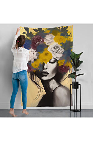 Çiçek Başlı Soyut Kadın Duvar Örtüsü-7831
