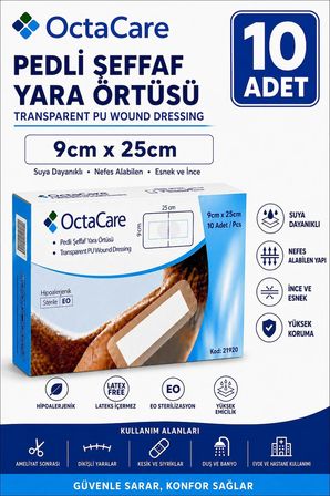 Octacare Su Geçirmez Pedli Şeffaf Pu Film Steril Yara Örtüsü Banyo Bandı 9cm×25cm (10 Adet)
