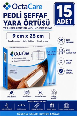 Octacare Su Geçirmez Pedli Şeffaf Pu Film Steril Yara Örtüsü Banyo Bandı 9cm×25cm (15 Adet)