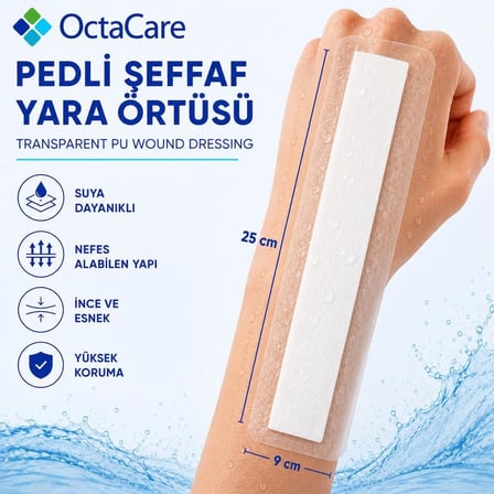 Octacare Su Geçirmez Pedli Şeffaf Pu Film Steril Yara Örtüsü Banyo Bandı 9cm×25cm (20 Adet)