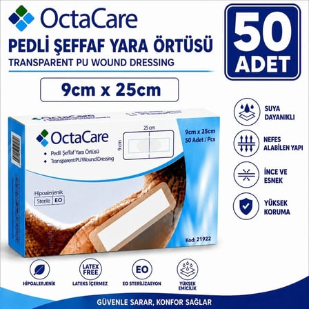 Octacare Su Geçirmez Pedli Şeffaf Pu Film Steril Yara Örtüsü Banyo Bandı 9cm×25cm (50 Adet)
