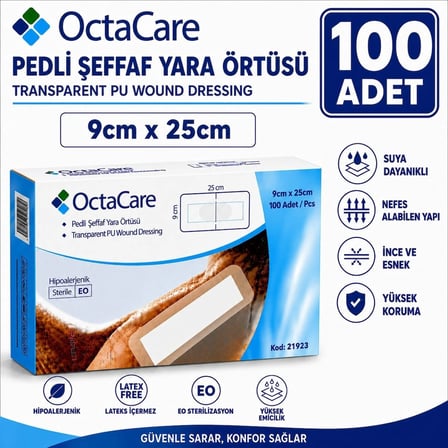 Octacare Su Geçirmez Pedli Şeffaf Pu Film Steril Yara Örtüsü Banyo Bandı 9cm×25cm (100 Adet)