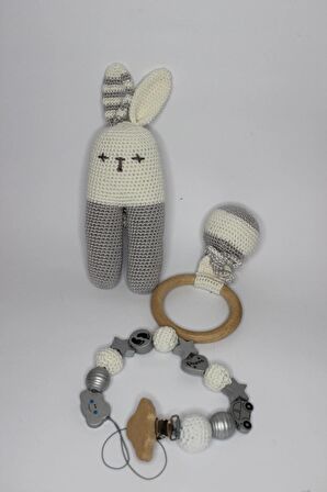 Amigurumi Organik Gri-Beyaz Bebek Emzik Askısı Oyuncak ve Diş Kaşıyıcı Seti