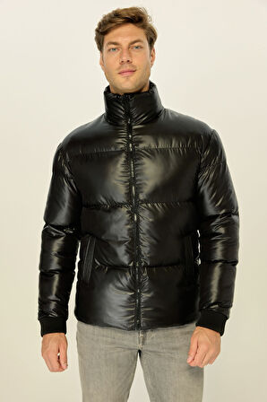 Erkek Parlak Siyah Şişme Rüzgar Geçirmez  Dik Yaka Mont | XL