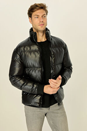 Erkek Parlak Siyah Şişme Rüzgar Geçirmez  Dik Yaka Mont | XL