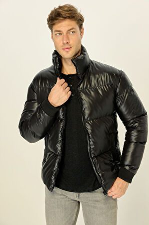 Erkek Parlak Siyah Şişme Rüzgar Geçirmez  Dik Yaka Mont | XL