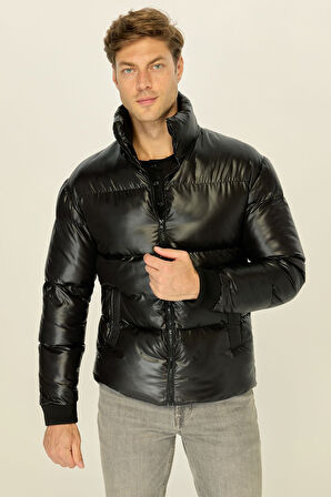 Erkek Parlak Siyah Şişme Rüzgar Geçirmez  Dik Yaka Mont | 2XL