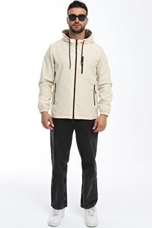 Erkek Bej Astarlı Rüzgara Dayanıklı Kapüşonlu Cepli Yağmurluk | L