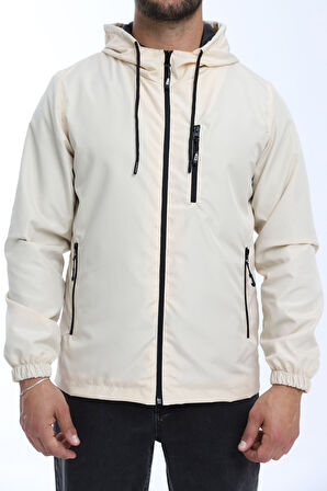 Erkek Bej Astarlı Rüzgara Dayanıklı Kapüşonlu Cepli Yağmurluk | 2XL