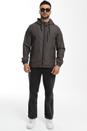 Erkek Antrasit Astarlı Rüzgara Dayanıklı Kapüşonlu Cepli Yağmurluk | M