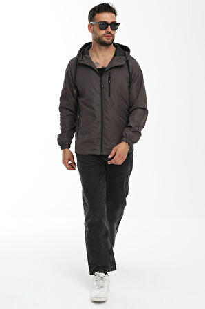 Erkek Antrasit Astarlı Rüzgara Dayanıklı Kapüşonlu Cepli Yağmurluk | M