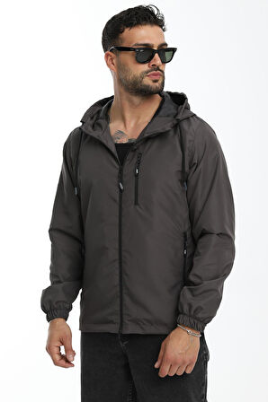 Erkek Antrasit Astarlı Rüzgara Dayanıklı Kapüşonlu Cepli Yağmurluk | M